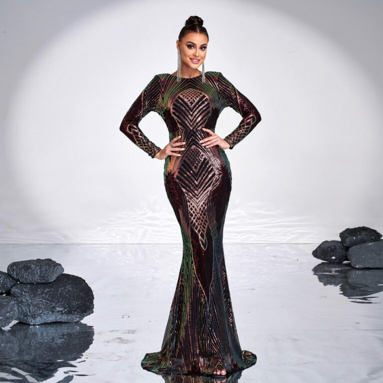Long Sleeve Temperament Crew Neck Sexy Long Sequined Banquet Evening Dress - Image 7