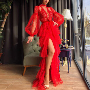 Women's Stand-alone EBay Sexy Mesh Long-sleeved Prom Dress New Evening Dress - Red, S