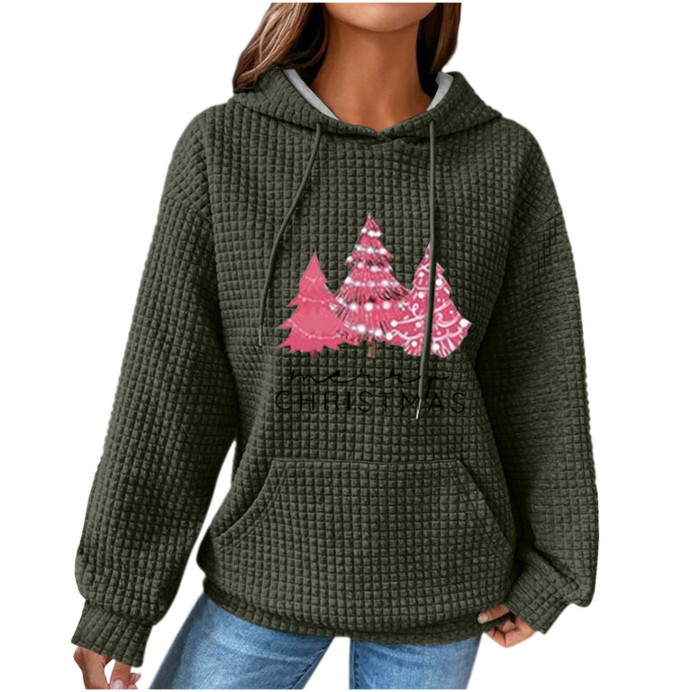 Women's Hooded Long-sleeved Patchwork Waffle Sweater - Image 7