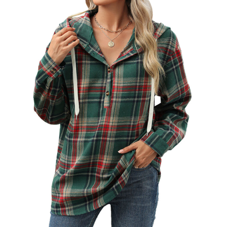 Fashion Plaid Print Hooded Sweatshirt With Button Loose Long Sleeve Hoodies Leisure Sports Top For Womens Clothing - Image 9