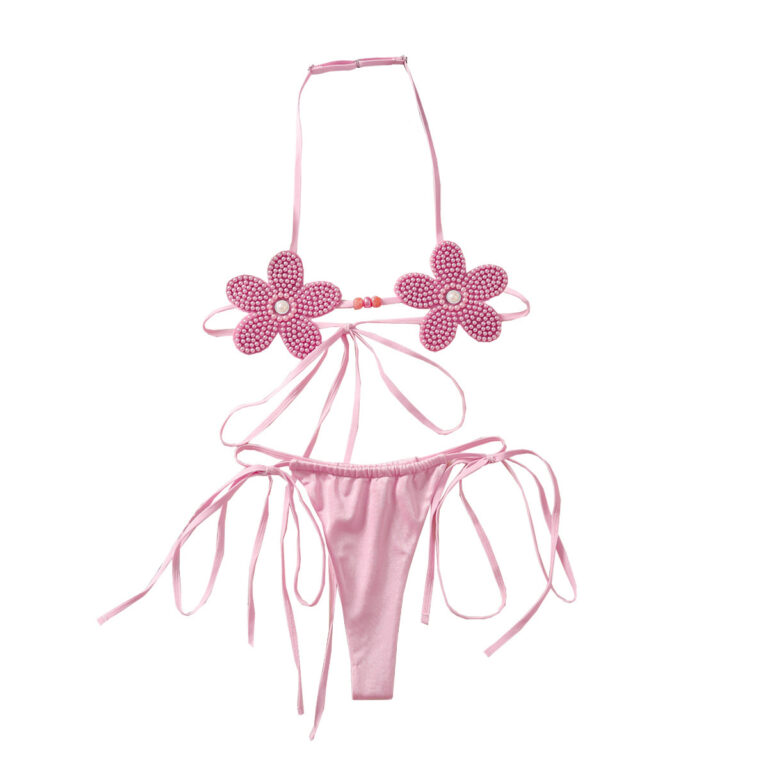 Three-dimensional Flower Sexy Suit Halter Sexy Lace-up Backless Bra Underwear Two-piece Set - Image 5