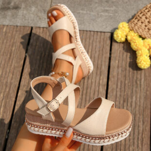 Women's Woven Sponge Cake Thick Soled Slippers - Beige White, 38