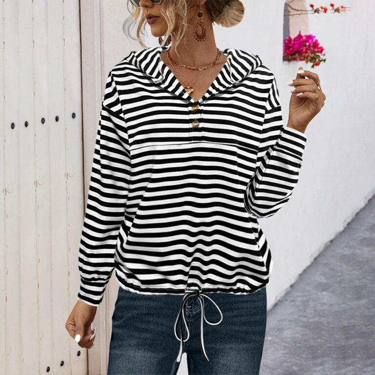 Button Striped Hooded Sweater For Women - Image 2