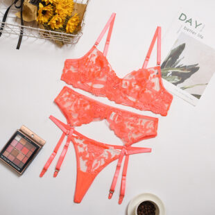 Bra And Panty Set Women Underwear Lace Lingerie 3pcs  Cup See Through - Orange, S