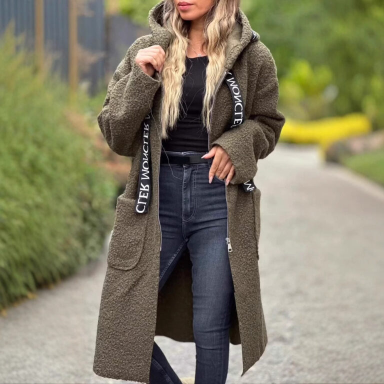 Ladies Hooded Letters Lamb Wool Coat - Image 2