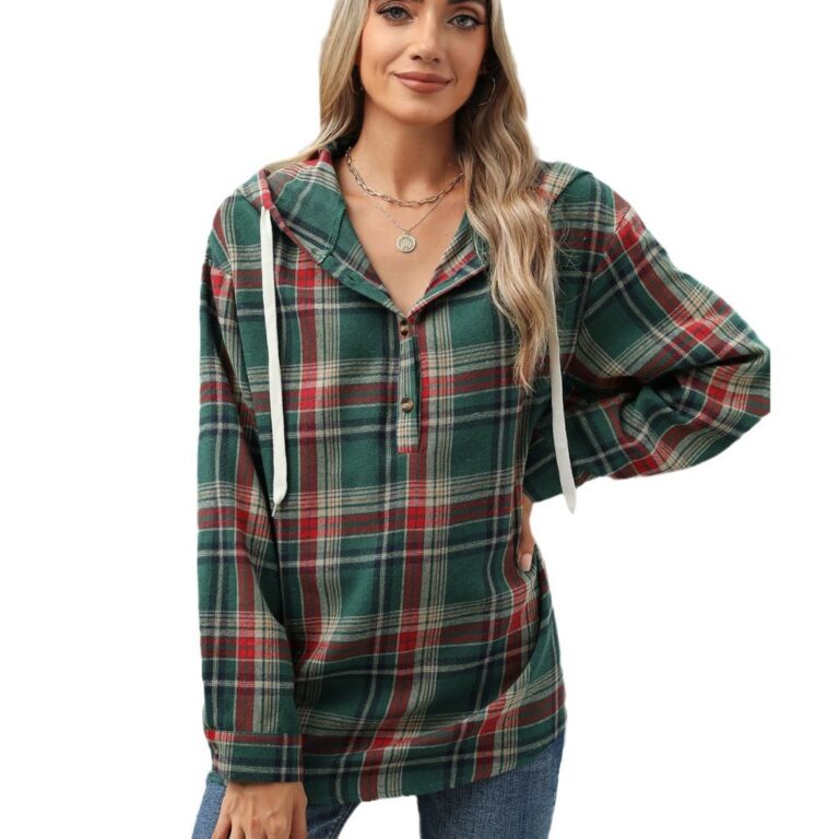 Fashion Plaid Print Hooded Sweatshirt With Button Loose Long Sleeve Hoodies Leisure Sports Top For Womens Clothing - Image 6