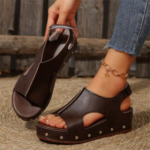 Women's Platform Peep Toe Sandals Plus Size - Brown, 38
