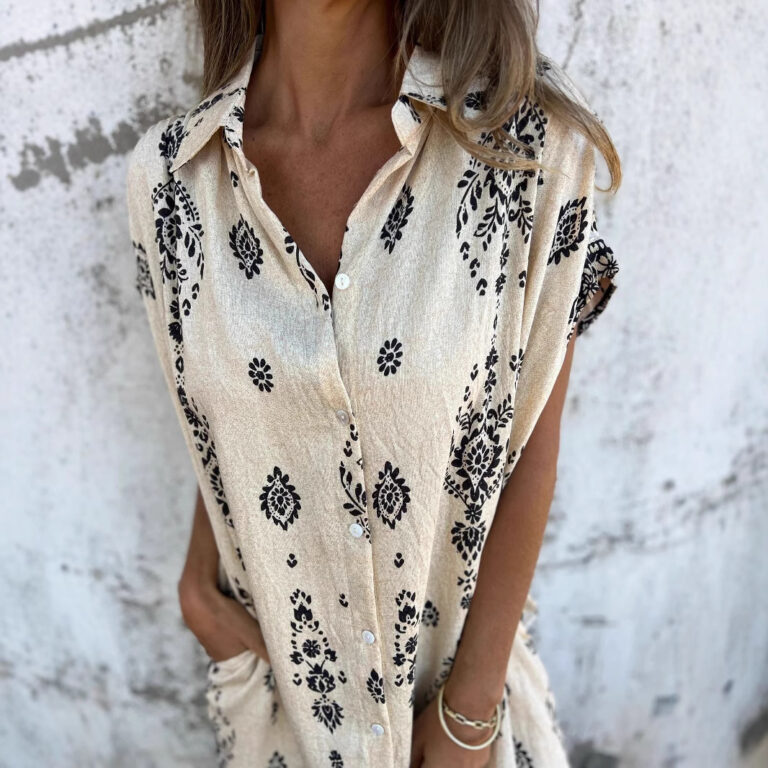 Loose Casual Short Sleeve Cotton Linen Shirt Pocket Print Dress - Image 3