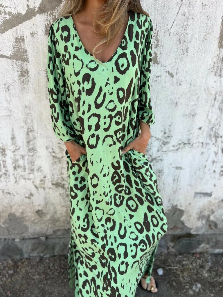 Leopard Print V-neck Printed Long Sleeve Loose Dress Women - Image 9