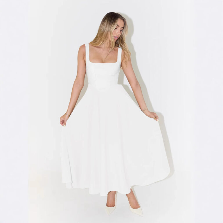 European And American Solid Color Square Collar Sleeveless Fitted Waist Backless Camisole Dress - Image 3