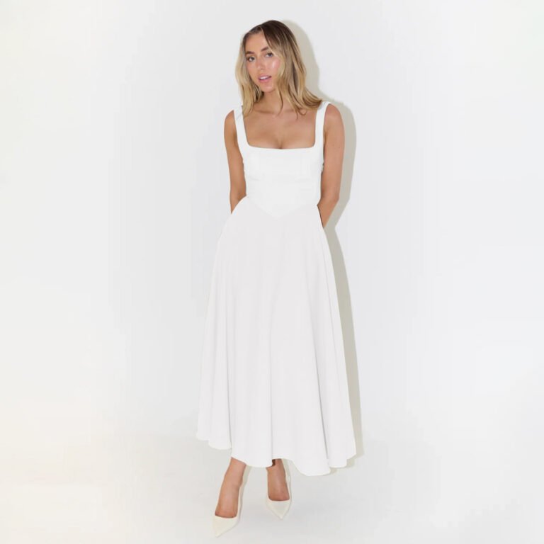 European And American Solid Color Square Collar Sleeveless Fitted Waist Backless Camisole Dress - Image 7