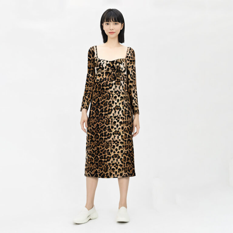 Fashion Square Collar Leopard Print Dress Women