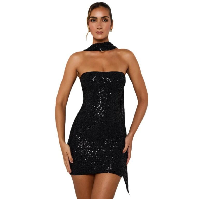 Elegant Graceful Ribbon Strapless Sexy Tube Top Sequined Mini Skirt - Image 5