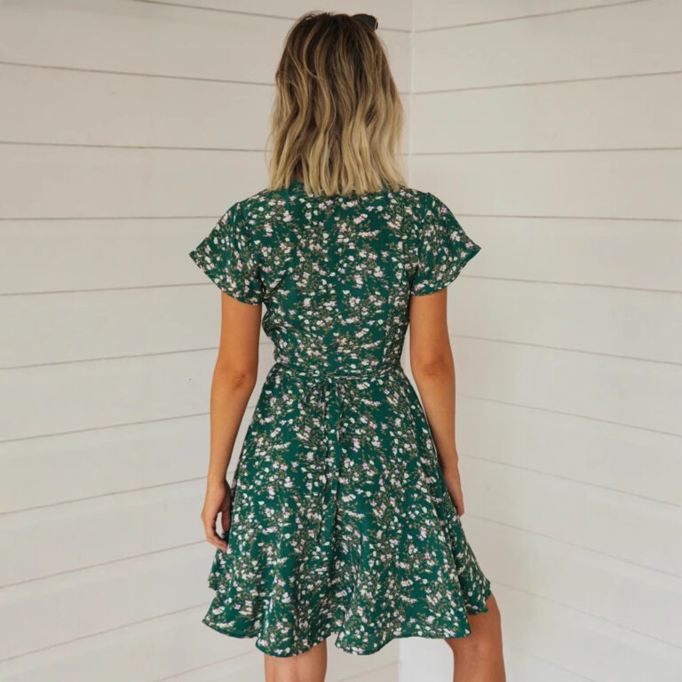 Vacation Style Printed V-neck Knotted Short Small Floral Dress - Image 4