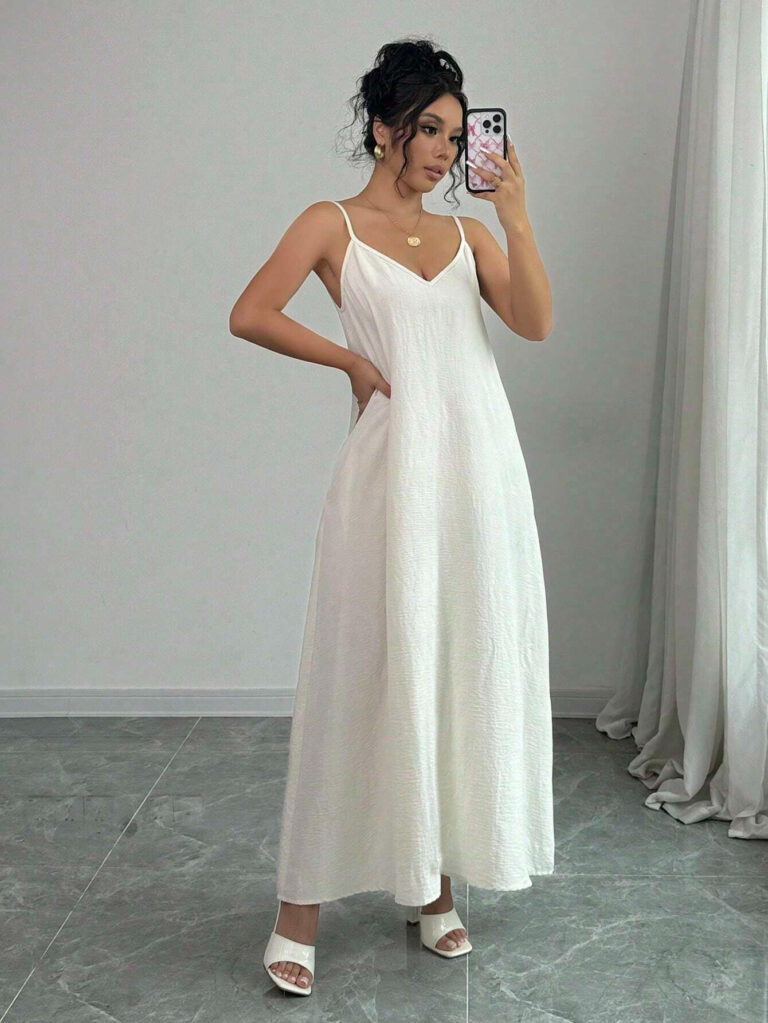 Suspenders High-grade Mid-length White Women's Dress - Image 6