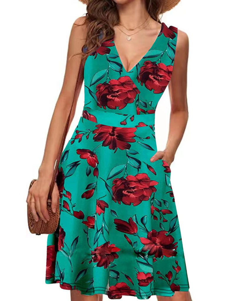 Elegant V-neck Sleeveless Vest Printed Pocket Dress Women - Image 9