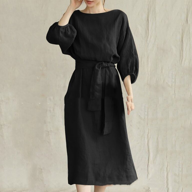 Mid-length High Waist Lace-up Solid Color Round Neck Dress - Image 5