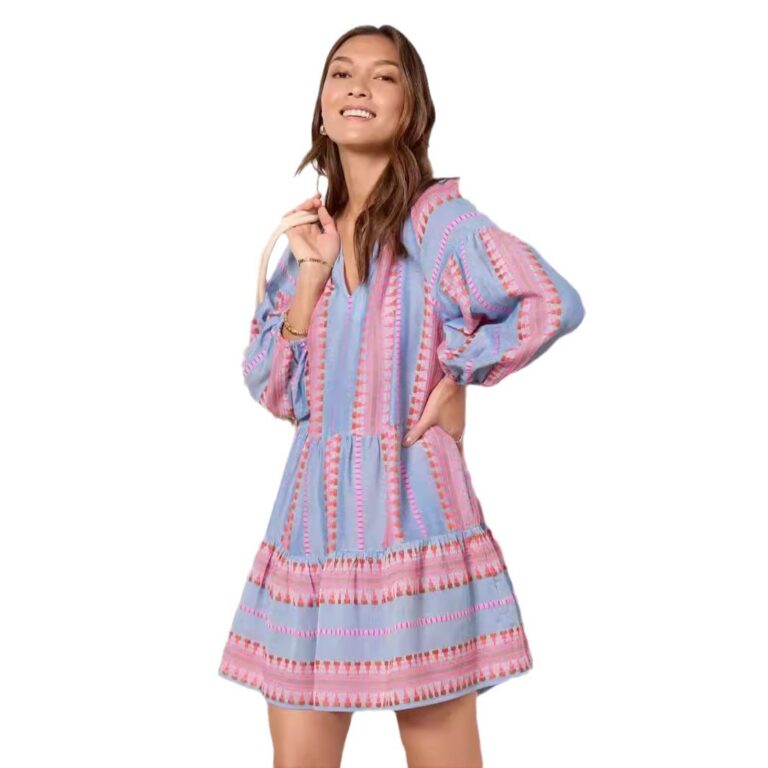 Summer New Casual 34 Sleeve V-neck Striped Printed A- Line Skirt Dress - Image 5