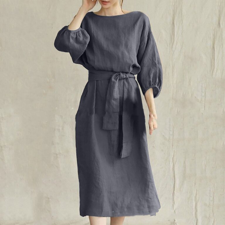 Mid-length High Waist Lace-up Solid Color Round Neck Dress - Image 6
