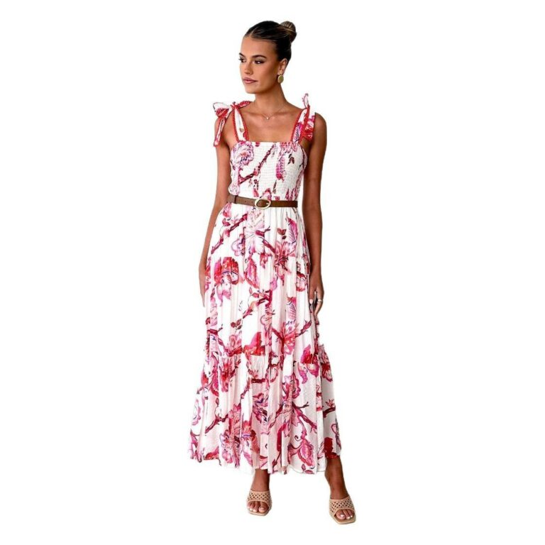 Women's Sling Smocking Elastic Waist Shoulder Strap Dress - Image 5
