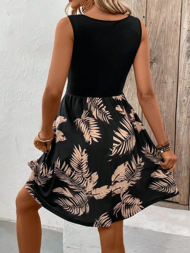 Women Tropical Plant Print Cross-Waist Sleeveless Casual Dress - Image 4