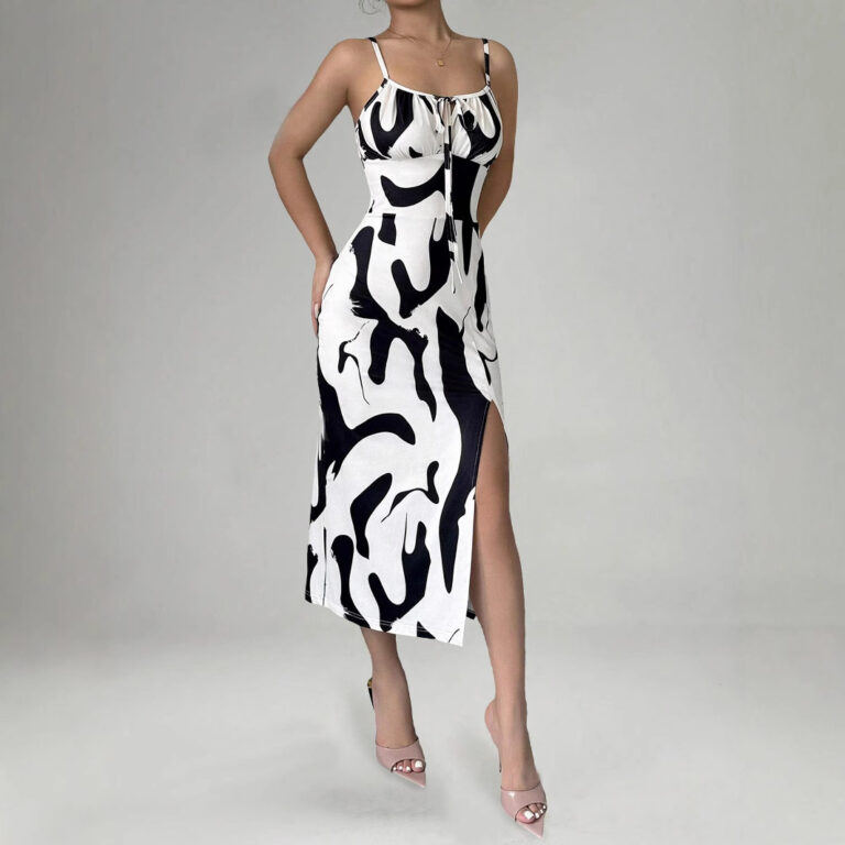 Summer Printed Suspender Split Dress Fashion Slim Lace-up Long Dresses For Women Clothing - Image 8