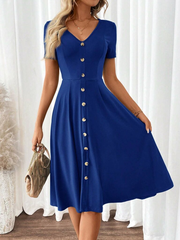 Women's Elegant V-Neck Short Sleeve A-Line Dress - Image 2