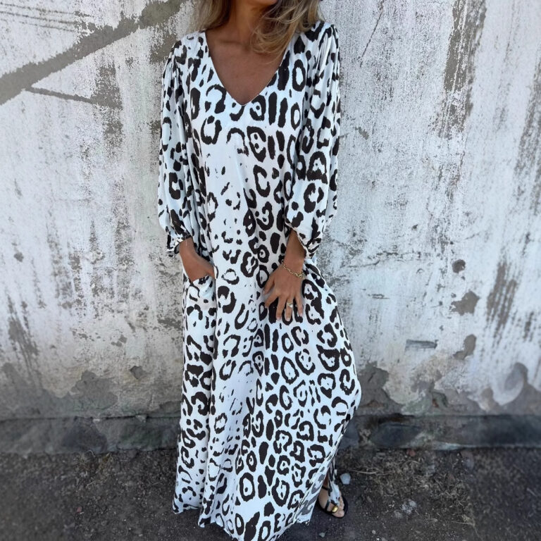 Leopard Print V-neck Printed Long Sleeve Loose Dress Women - Image 3