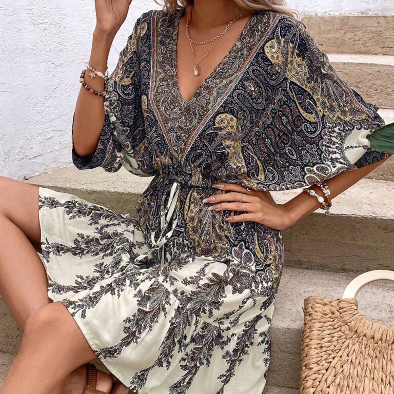 Paisley Print Batwing Sleeve Tassel Tie Front Ruffle Hem Dress
