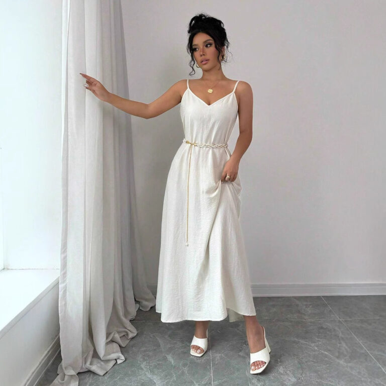 Suspenders High-grade Mid-length White Women's Dress - Image 3
