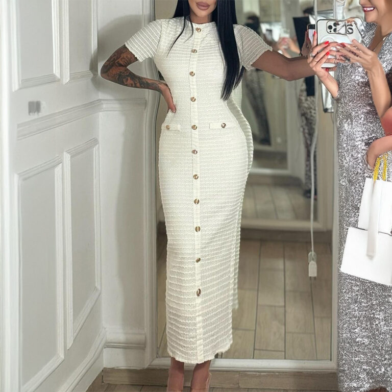Retro Slim-fit Cardigan Short Sleeve Dress - Image 3