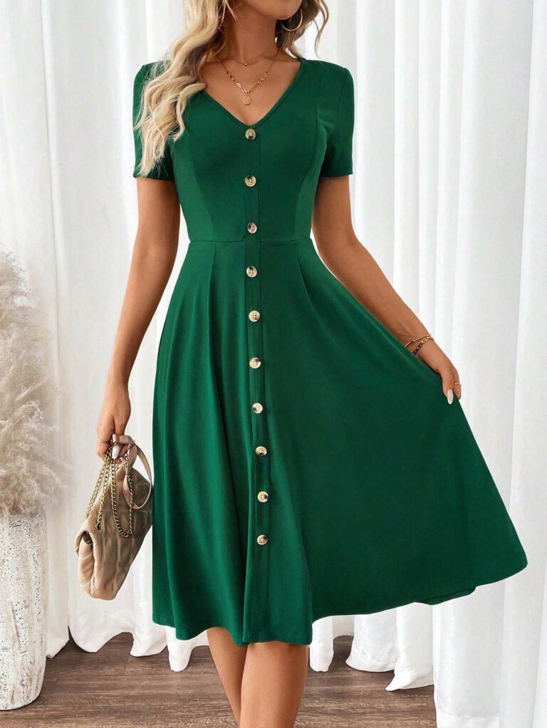 Women's Elegant V-Neck Short Sleeve A-Line Dress - Image 3