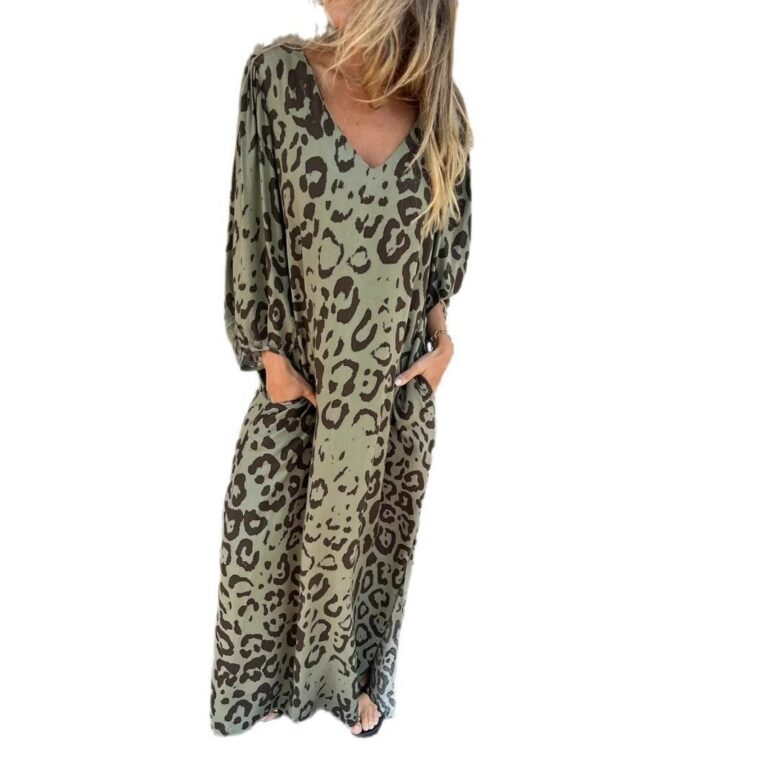 Leopard Print V-neck Printed Long Sleeve Loose Dress Women - Image 5
