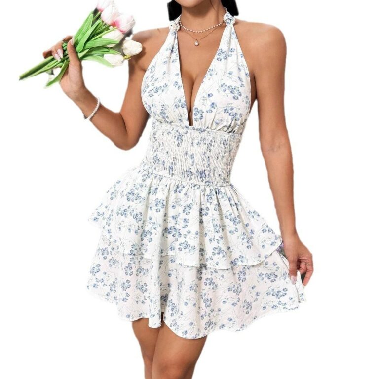 Women's Holiday Floral Flounce Halterneck With Suspenders Backless Dress - Image 5