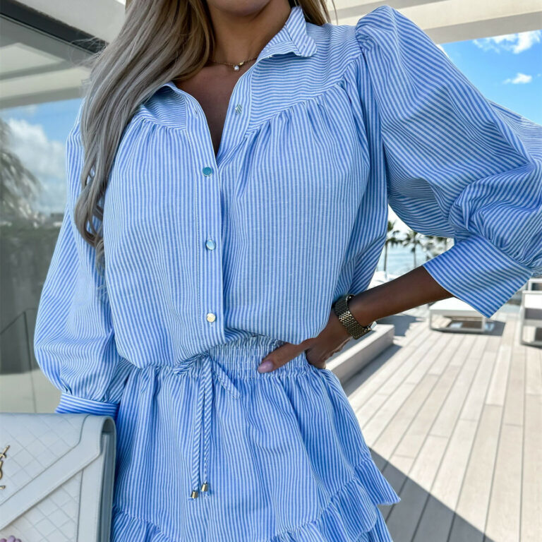 Casual Fashion Striped Shirt Skirt And Shorts Outfit Long Sleeve Clothes - Image 6