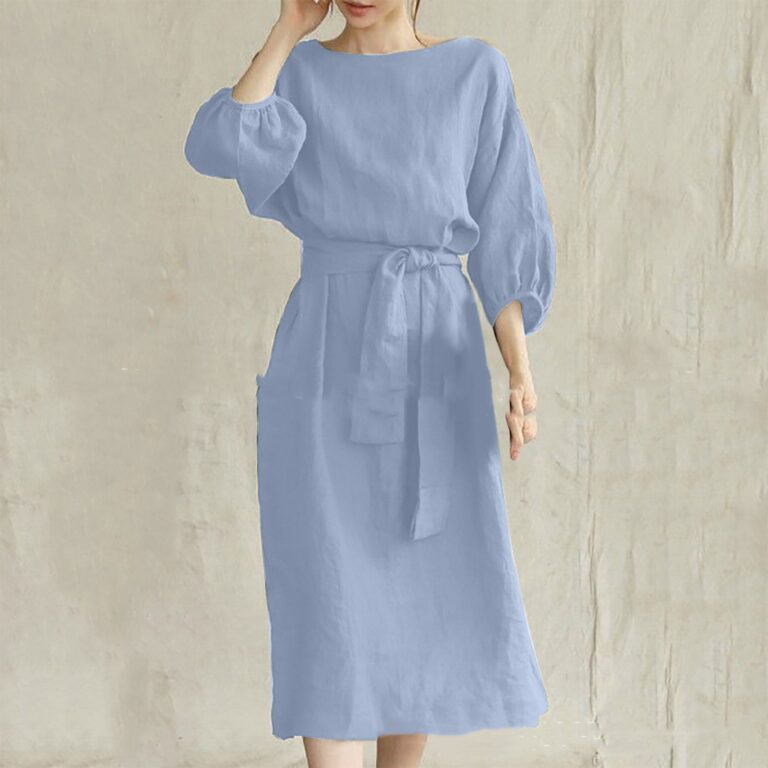 Mid-length High Waist Lace-up Solid Color Round Neck Dress - Image 4