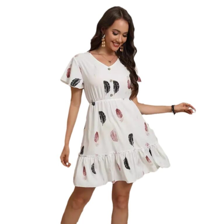 Feather Print Fashion Short Skirt Button V-neck - Image 5