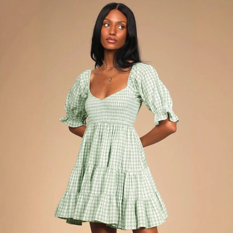 Square Collar Short Sleeve Plaid High Waist Dress - Image 3