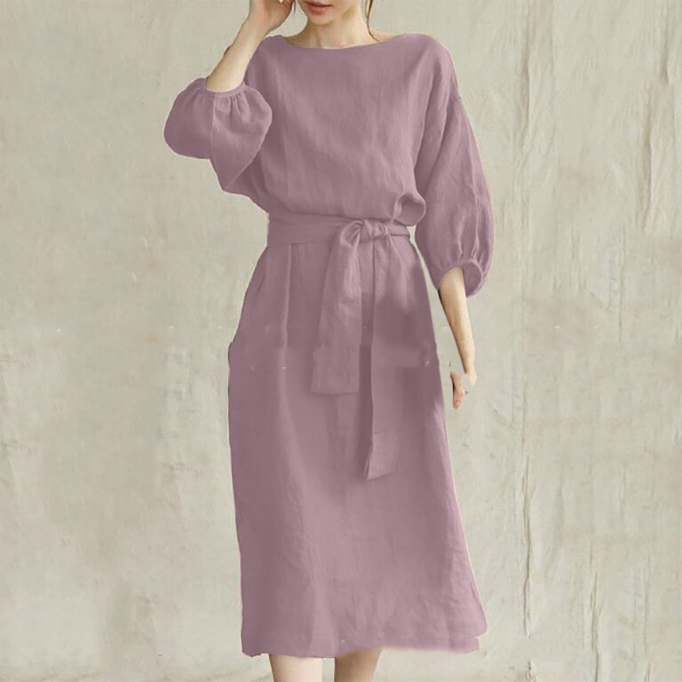 Mid-length High Waist Lace-up Solid Color Round Neck Dress - Image 2