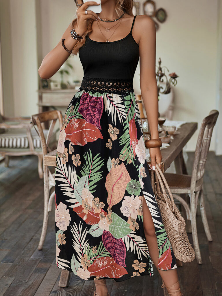 Women's Fashion Stitching Printing Waist Trimming Spaghetti Straps Dress - Image 7