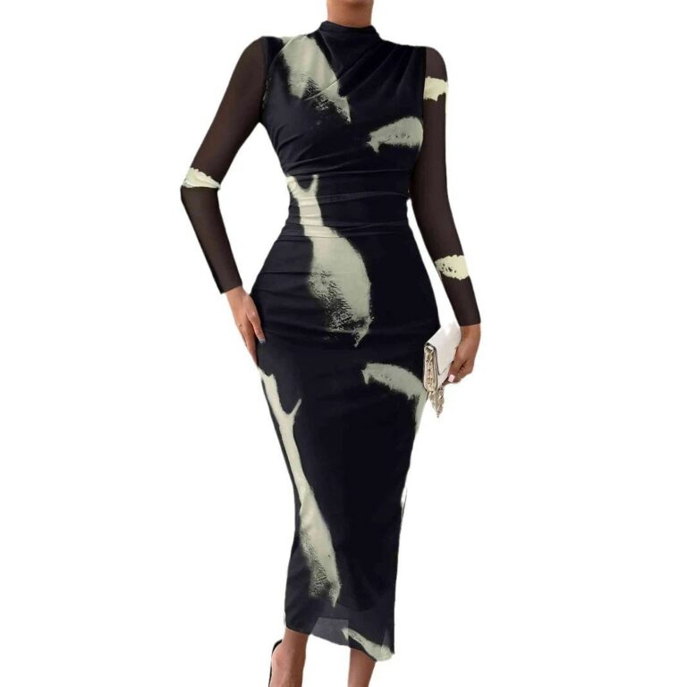 Mesh Floral Print Tight Split Round Neck Dress - Image 5