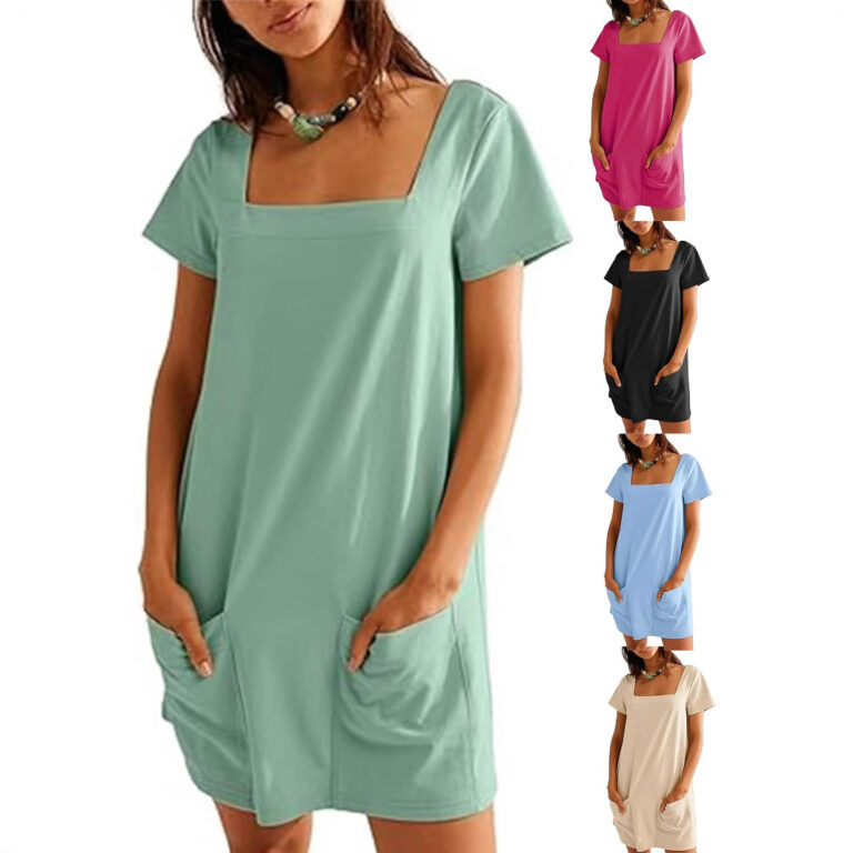 Women's Square Collar Short Sleeve Fashion Short Skirt Pocket Casual Dress