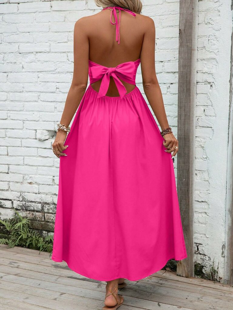 Solid Tie Backless Halter Neck Cami Dress - Image 5
