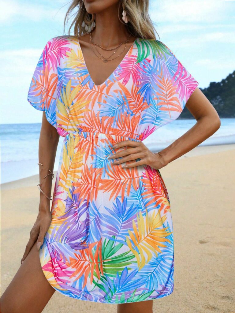 Swim Lushoire Summer Beach Tropical Print Batwing Sleeve Dress - Image 2