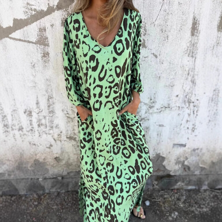Leopard Print V-neck Printed Long Sleeve Loose Dress Women - Image 4