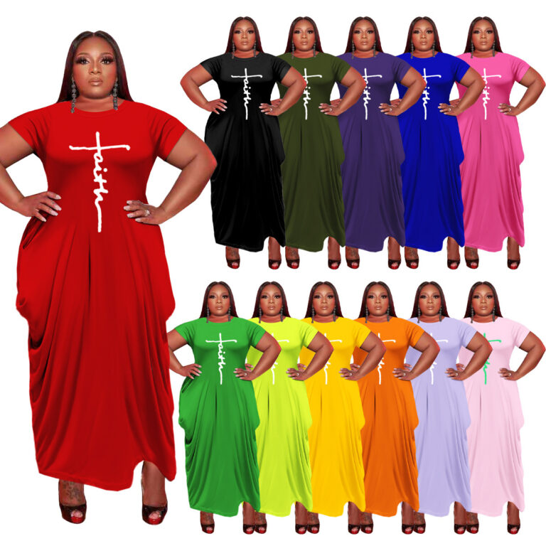 European And American Solid Color Round Neck Short Sleeves Irregular Hem Women's Dress - Image 2