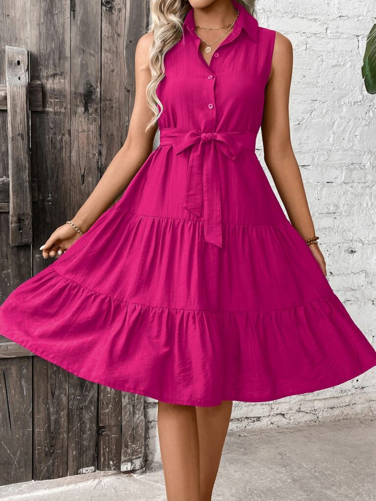 Ruffle Hem Belted Shirt Dress Maxi Vacation Beach Outfits Women - Image 3