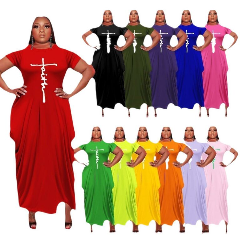 European And American Solid Color Round Neck Short Sleeves Irregular Hem Women's Dress - Image 5