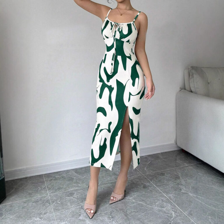 Summer Printed Suspender Split Dress Fashion Slim Lace-up Long Dresses For Women Clothing - Image 6