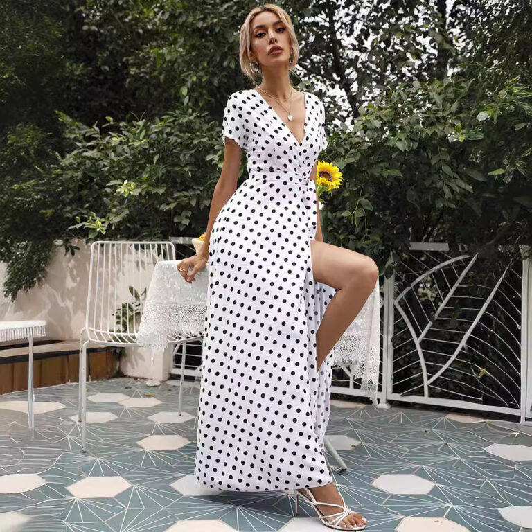 Summer Waist Trimming Short-sleeved Polka Dot Split Dress Women - Image 4